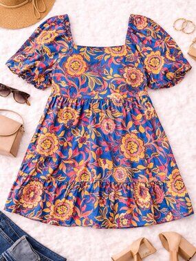 2X Floral Puff Sleeve Babydoll Top – Square Neck 🌸